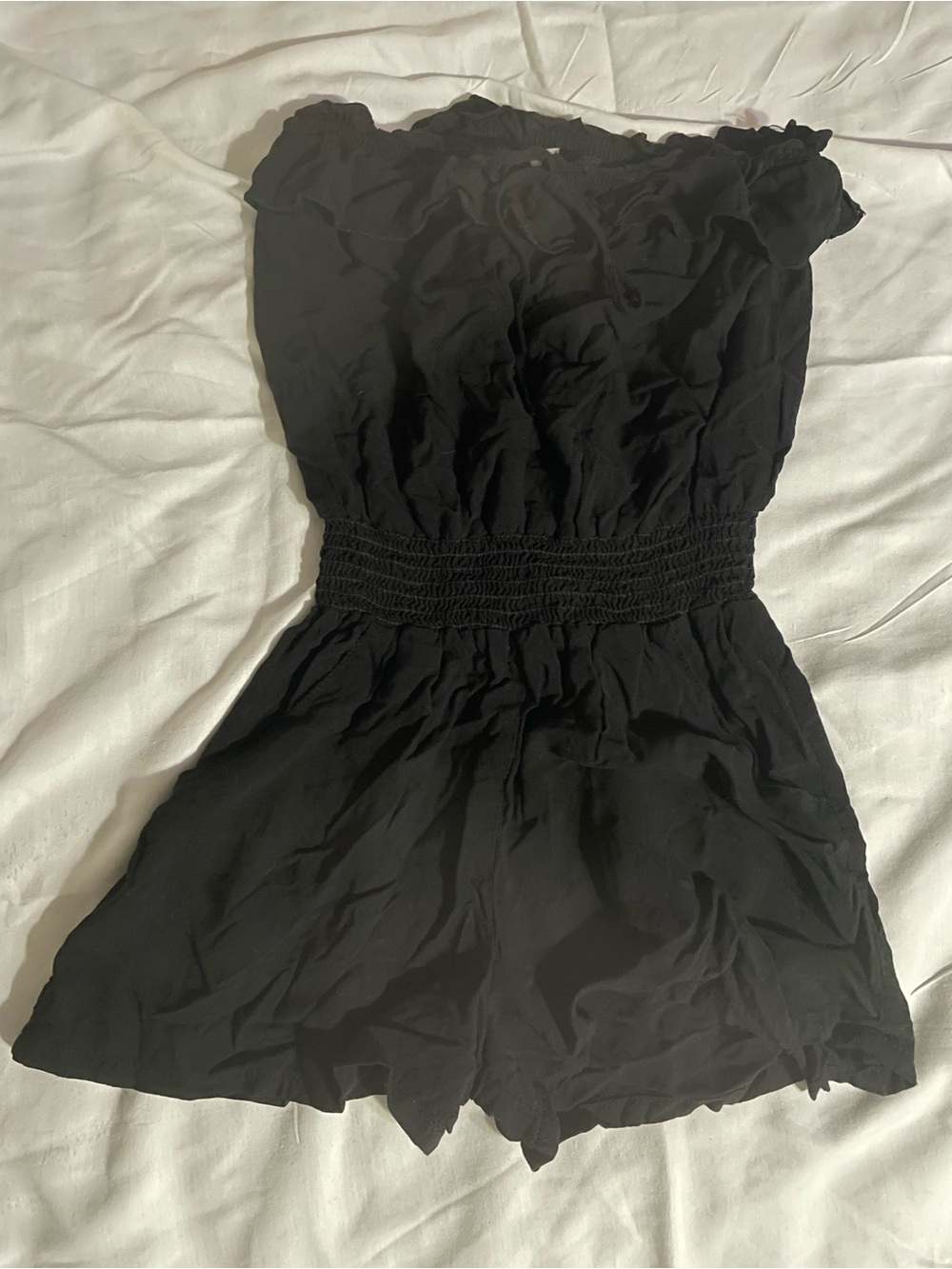 Final Touch Black Strapless Smocked-Waist romper